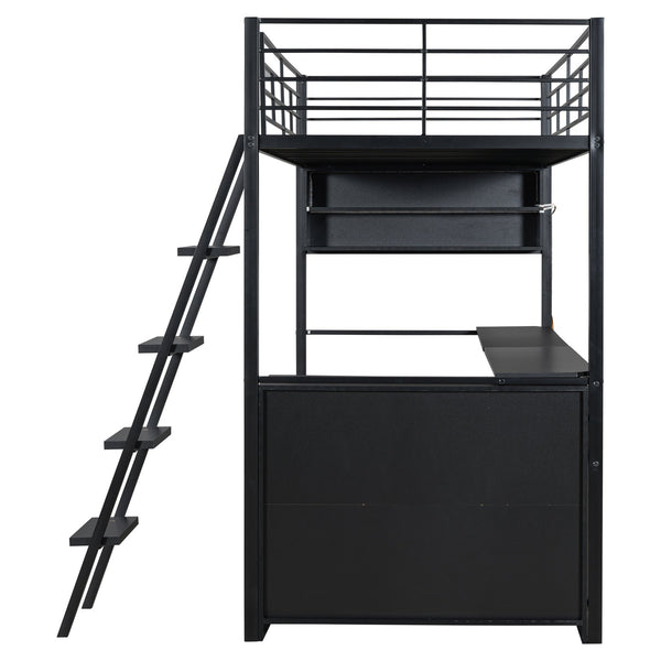 English Elm Twin Metal Loft Bed with LED Desk & 4 Shelves, Black — Sturdy Metal/Wood Frame, Space-Saving Design GX000652AAB