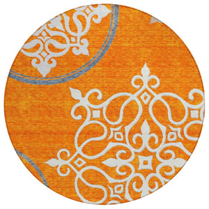 HomeRoots 5' Floral Medallion Area Rug in Orange, Gray & Ivory - Stylish, Washable Indoor/Outdoor Decor 8' Round 591377
