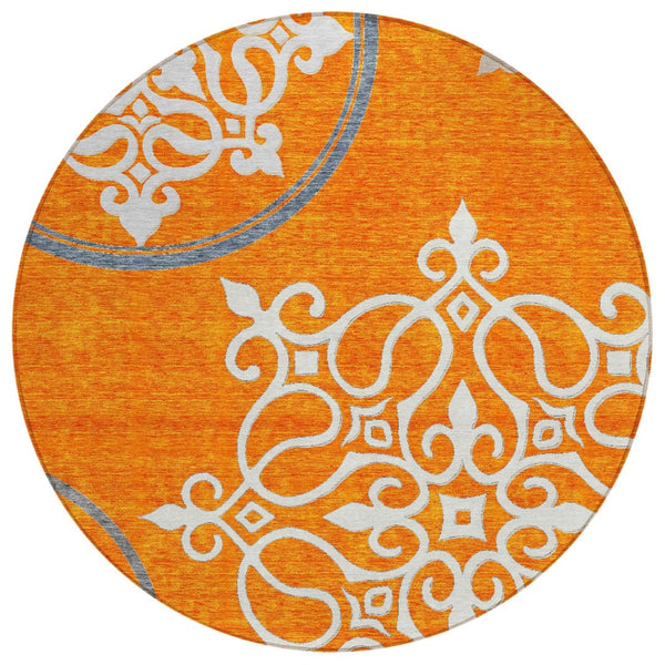 HomeRoots 5' Floral Medallion Area Rug in Orange, Gray & Ivory - Stylish, Washable Indoor/Outdoor Decor 8' Round 591377