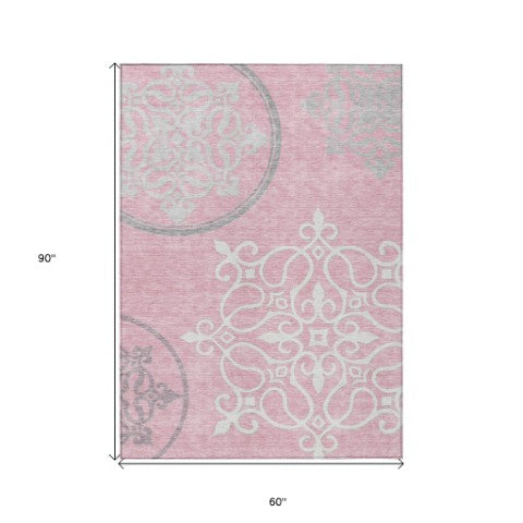 Homeroots 3' Artichoke Green Brown Ivory Floral Medallion Washable Area Rug For Indoor And Outdoor Spaces 5' X 8' Polyester 591382