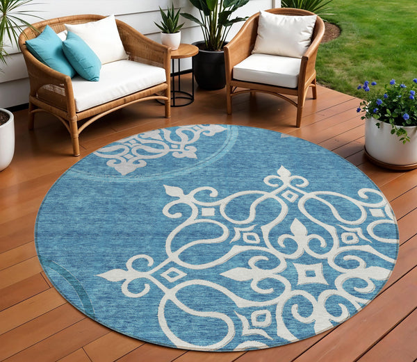 Homeroots 3' Artichoke Green Brown Ivory Floral Medallion Washable Area Rug For Indoor And Outdoor Spaces 8' Round Polyester 591389