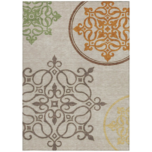 HomeRoots 5' Washable Floral Medallion Area Rug in Taupe, Copper & Green for Indoor and Outdoor Elegance 5' X 8' 591394