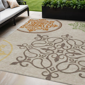 HomeRoots 5' Washable Floral Medallion Area Rug in Taupe, Copper & Green for Indoor and Outdoor Elegance 5' X 8' 591394