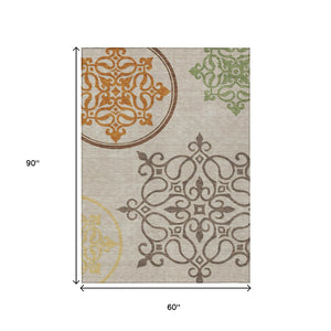 HomeRoots 5' Washable Floral Medallion Area Rug in Taupe, Copper & Green for Indoor and Outdoor Elegance 5' X 8' 591394
