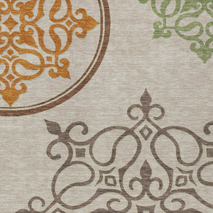 HomeRoots 5' Washable Floral Medallion Area Rug in Taupe, Copper & Green for Indoor and Outdoor Elegance 5' X 8' 591394