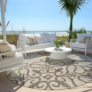 HomeRoots 5' Washable Floral Medallion Area Rug in Taupe, Copper & Green for Indoor and Outdoor Elegance 8' Round 591395