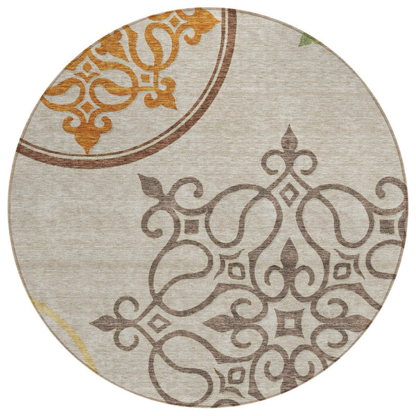 HomeRoots 5' Washable Floral Medallion Area Rug in Taupe, Copper & Green for Indoor and Outdoor Elegance 8' Round 591395