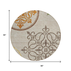 HomeRoots 5' Washable Floral Medallion Area Rug in Taupe, Copper & Green for Indoor and Outdoor Elegance 8' Round 591395