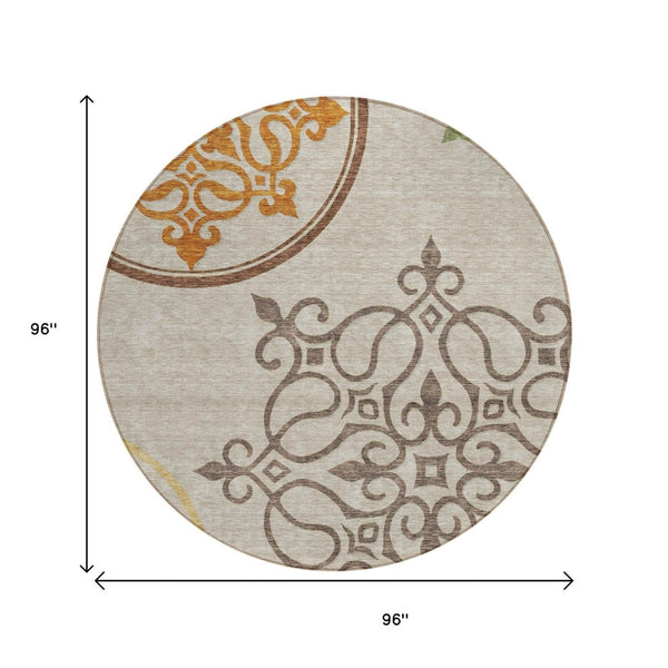 HomeRoots 5' Washable Floral Medallion Area Rug in Taupe, Copper & Green for Indoor and Outdoor Elegance 8' Round 591395