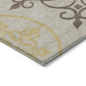 HomeRoots 5' Washable Floral Medallion Area Rug in Taupe, Copper & Green for Indoor and Outdoor Elegance 8' Round 591395