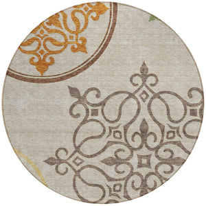 HomeRoots 5' Washable Floral Medallion Area Rug in Taupe, Copper & Green for Indoor and Outdoor Elegance 8' Round 591395