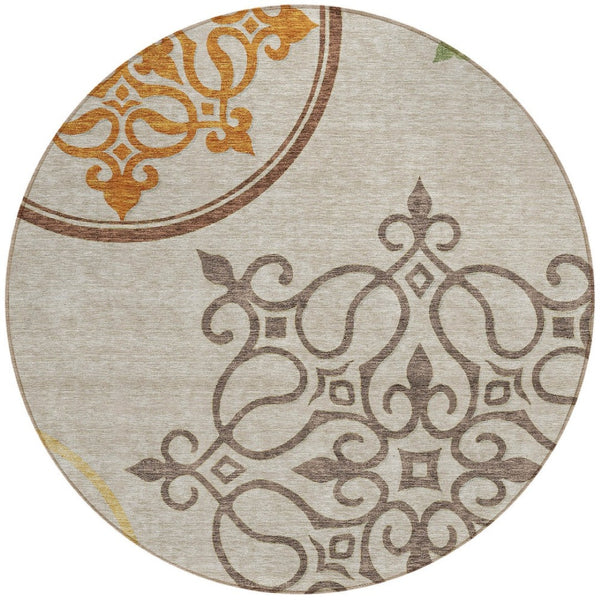 HomeRoots 5' Washable Floral Medallion Area Rug in Taupe, Copper & Green for Indoor and Outdoor Elegance 8' Round 591395