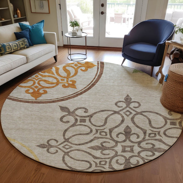 HomeRoots 5' Washable Floral Medallion Area Rug in Taupe, Copper & Green for Indoor and Outdoor Elegance 8' Round 591395