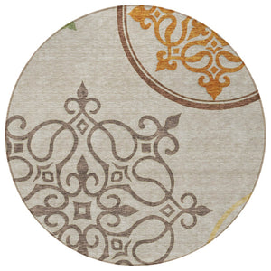 HomeRoots 5' Washable Floral Medallion Area Rug in Taupe, Copper & Green for Indoor and Outdoor Elegance 8' Round 591395