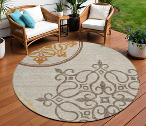 HomeRoots 5' Washable Floral Medallion Area Rug in Taupe, Copper & Green for Indoor and Outdoor Elegance 8' Round 591395