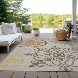 HomeRoots 5' Washable Floral Medallion Area Rug in Taupe, Copper & Green for Indoor and Outdoor Elegance 8' X 10' 591396