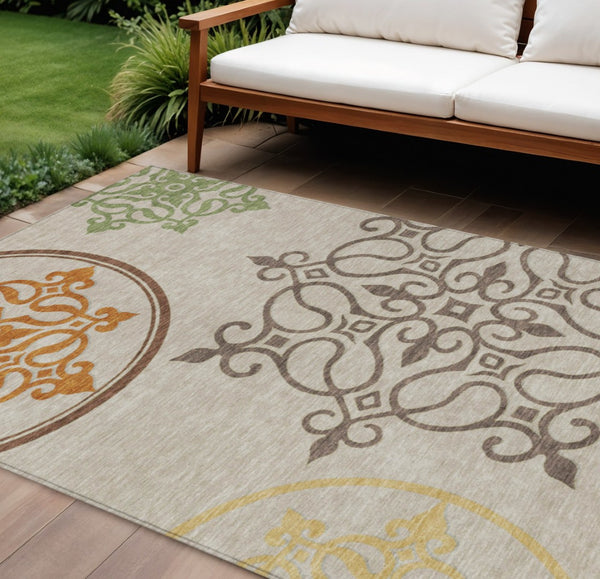 HomeRoots 9' Floral Medallion Area Rug in Taupe, Copper & Green – Durable, Washable & Stylish for All Spaces 9' X 12' 591397