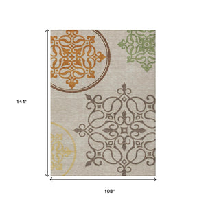 HomeRoots 9' Floral Medallion Area Rug in Taupe, Copper & Green – Durable, Washable & Stylish for All Spaces 9' X 12' 591397