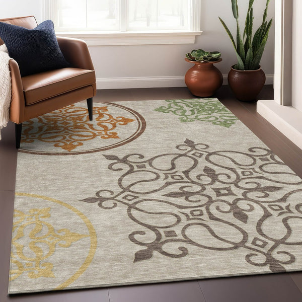 HomeRoots 9' Floral Medallion Area Rug in Taupe, Copper & Green – Durable, Washable & Stylish for All Spaces 9' X 12' 591397