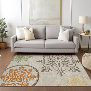 HomeRoots 9' Floral Medallion Area Rug in Taupe, Copper & Green – Durable, Washable & Stylish for All Spaces 9' X 12' 591397