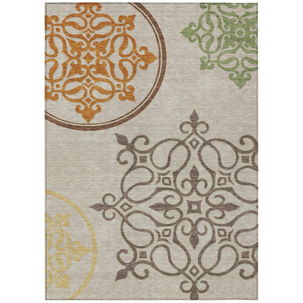 HomeRoots 5' Washable Floral Medallion Area Rug in Taupe, Copper & Green for Indoor and Outdoor Elegance 10' X 14' 591398