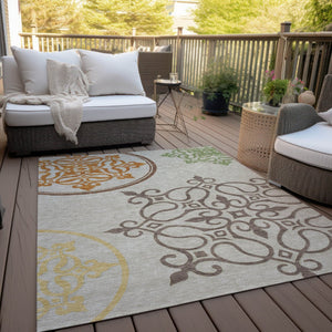 HomeRoots 5' Washable Floral Medallion Area Rug in Taupe, Copper & Green for Indoor and Outdoor Elegance 10' X 14' 591398