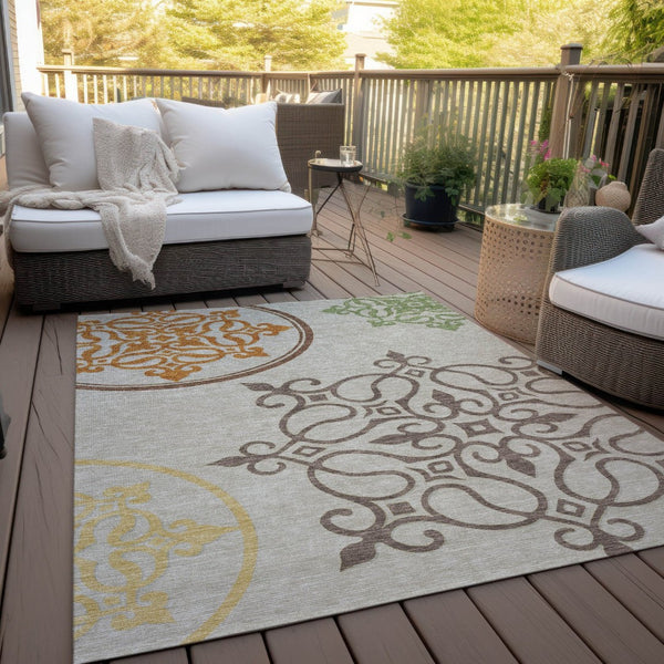 HomeRoots 5' Washable Floral Medallion Area Rug in Taupe, Copper & Green for Indoor and Outdoor Elegance 10' X 14' 591398