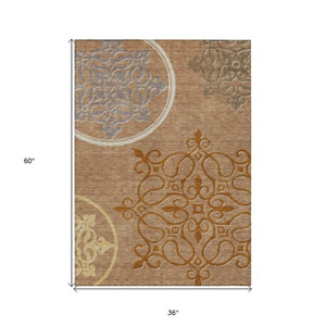 Homeroots 3' Artichoke Green Brown Ivory Floral Medallion Washable Area Rug For Indoor And Outdoor Spaces 3' X 5' Polyester 591399