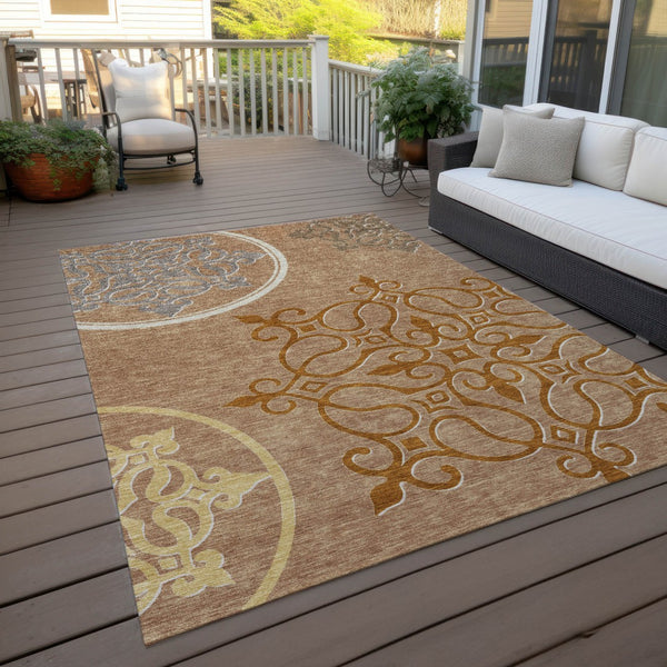 Homeroots 3' Artichoke Green Brown Ivory Floral Medallion Washable Area Rug For Indoor And Outdoor Spaces 3' X 5' Polyester 591399