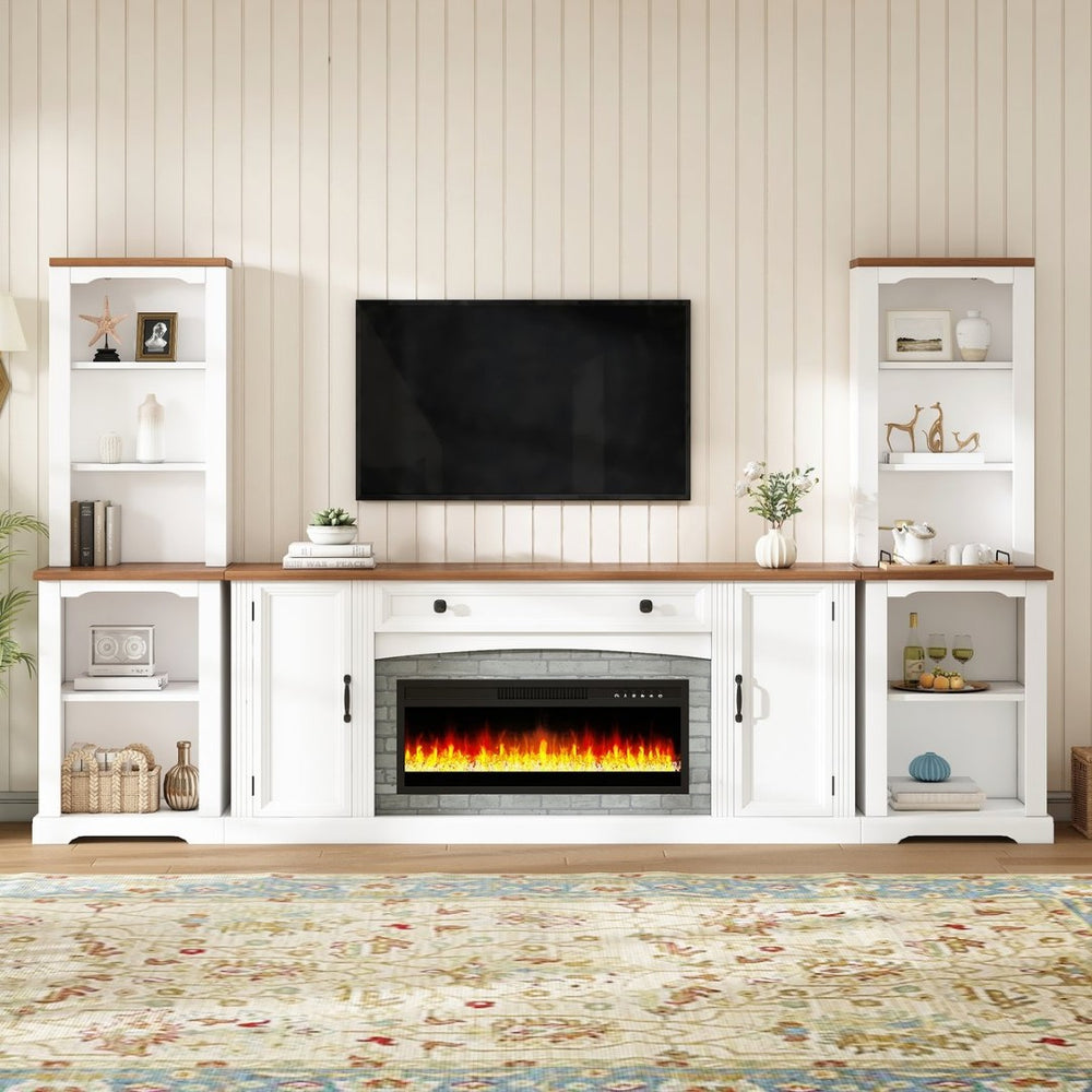 English Elm 3-piece Farmhouse Entertainment Center with Curved Cabinets Walnut Mdf Modular Living Room White N721S000072K