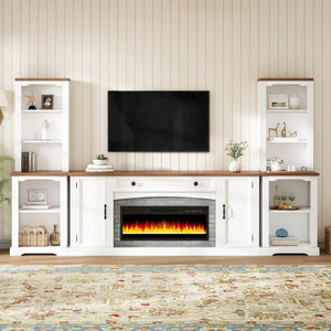 English Elm 3-piece Farmhouse Entertainment Center with Curved Cabinets Walnut Mdf Modular Living Room White N721S000072K