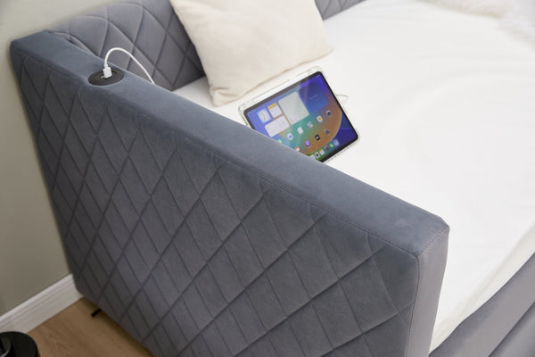 English Elm Grey velvet daybed with diamond-grid pull-out trundle, modern velvet finish, sturdy wooden frame for guest-ready style W1361S00032