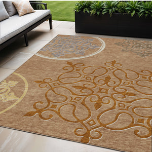 Homeroots 3' Artichoke Green Brown Ivory Floral Medallion Washable Area Rug For Indoor And Outdoor Spaces 5' X 8' Polyester 591400