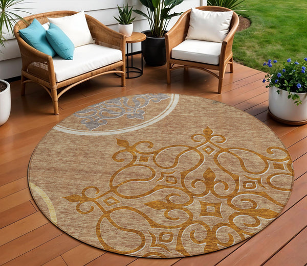 Homeroots 3' Artichoke Green Brown Ivory Floral Medallion Washable Area Rug For Indoor And Outdoor Spaces 8' Round Polyester 591401