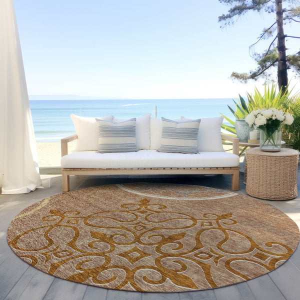 Homeroots 3' Artichoke Green Brown Ivory Floral Medallion Washable Area Rug For Indoor And Outdoor Spaces 8' Round Polyester 591401