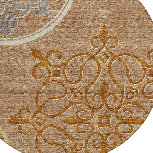 Homeroots 3' Artichoke Green Brown Ivory Floral Medallion Washable Area Rug For Indoor And Outdoor Spaces 8' Round Polyester 591401