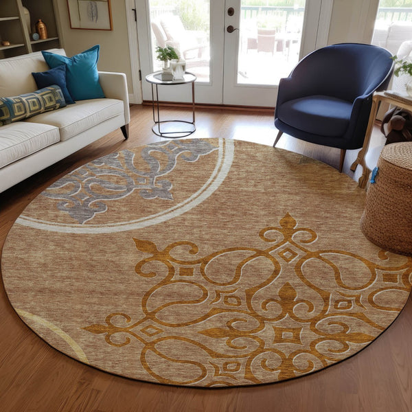 Homeroots 3' Artichoke Green Brown Ivory Floral Medallion Washable Area Rug For Indoor And Outdoor Spaces 8' Round Polyester 591401