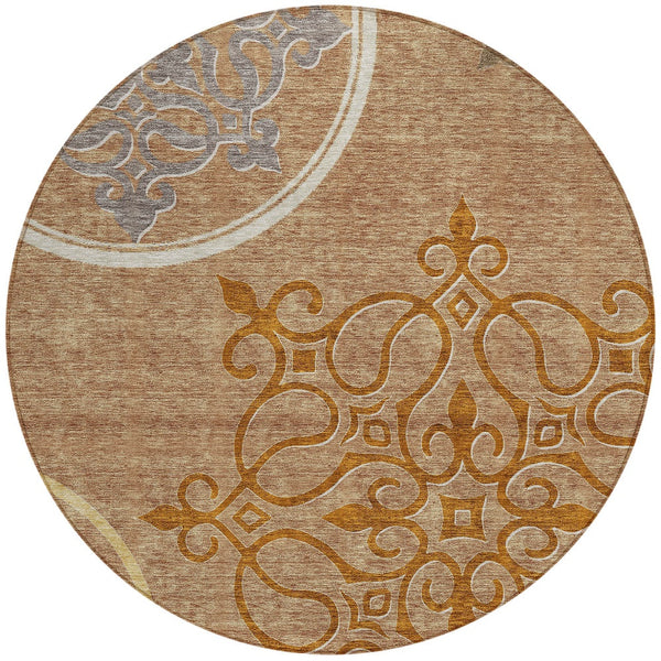 Homeroots 3' Artichoke Green Brown Ivory Floral Medallion Washable Area Rug For Indoor And Outdoor Spaces 8' Round Polyester 591401