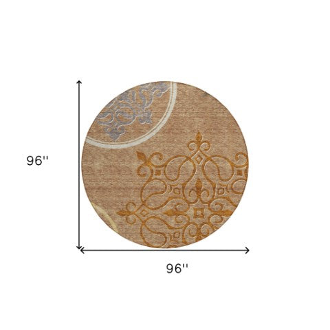 Homeroots 3' Artichoke Green Brown Ivory Floral Medallion Washable Area Rug For Indoor And Outdoor Spaces 8' Round Polyester 591401