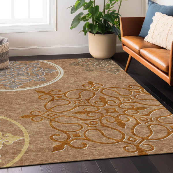 Homeroots 3' Artichoke Green Brown Ivory Floral Medallion Washable Area Rug For Indoor And Outdoor Spaces 9' X 12' Polyester 591403