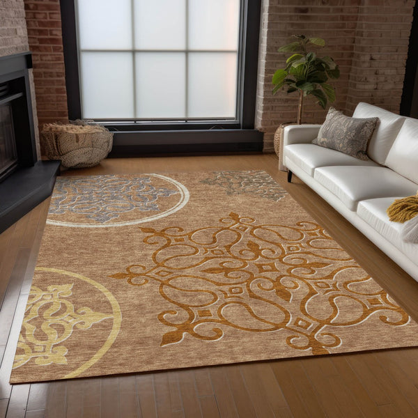 Homeroots 3' Artichoke Green Brown Ivory Floral Medallion Washable Area Rug For Indoor And Outdoor Spaces 9' X 12' Polyester 591403