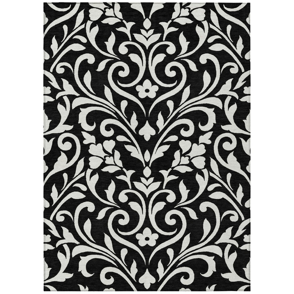 HomeRoots 5' Elegant Black and Ivory Floral Washable Area Rug for Indoor and Outdoor Spaces - Durable Design 5' X 8' 591418