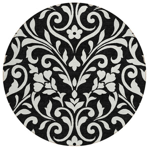 HomeRoots 5' Elegant Black and Ivory Floral Washable Area Rug for Indoor and Outdoor Spaces - Durable Design 8' Round 591419
