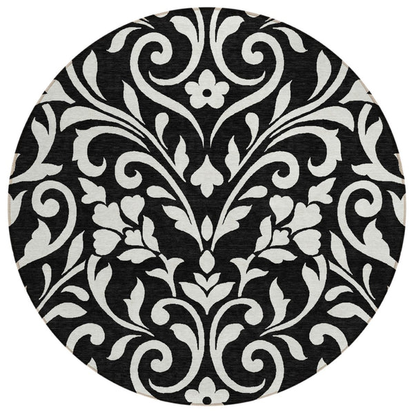 HomeRoots 5' Elegant Black and Ivory Floral Washable Area Rug for Indoor and Outdoor Spaces - Durable Design 8' Round 591419