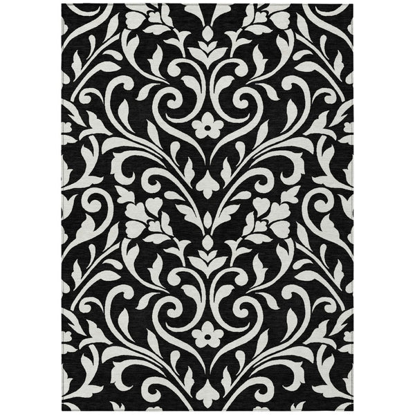 HomeRoots 5' Elegant Black and Ivory Floral Washable Area Rug for Indoor and Outdoor Spaces - Durable Design 8' X 10' 591420