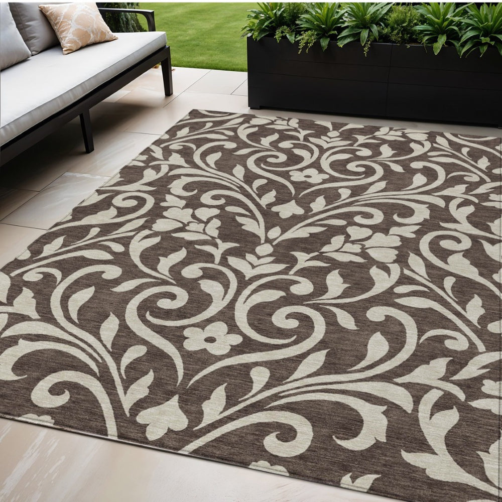 HomeRoots 5' Chocolate and Ivory Floral Area Rug – Stylish, Washable, Indoor/Outdoor Comfort for Any Space! 5' X 8' 591424