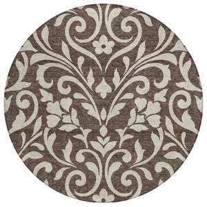 HomeRoots 5' Chocolate and Ivory Floral Area Rug – Stylish, Washable, Indoor/Outdoor Comfort for Any Space! 8' Round 591425