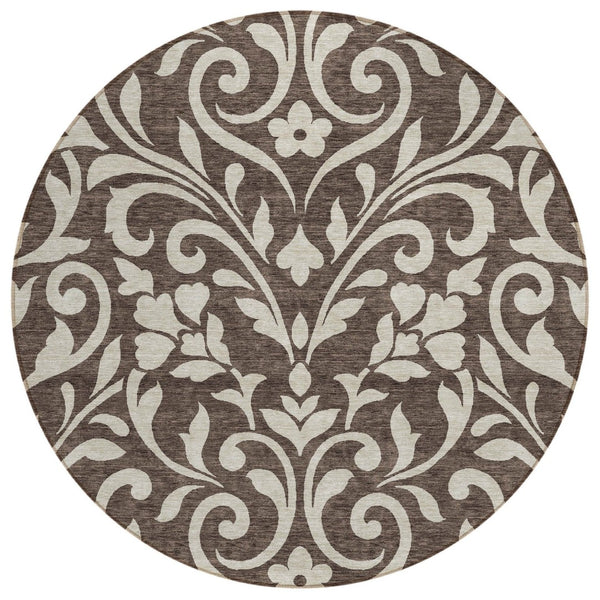HomeRoots 5' Chocolate and Ivory Floral Area Rug – Stylish, Washable, Indoor/Outdoor Comfort for Any Space! 8' Round 591425