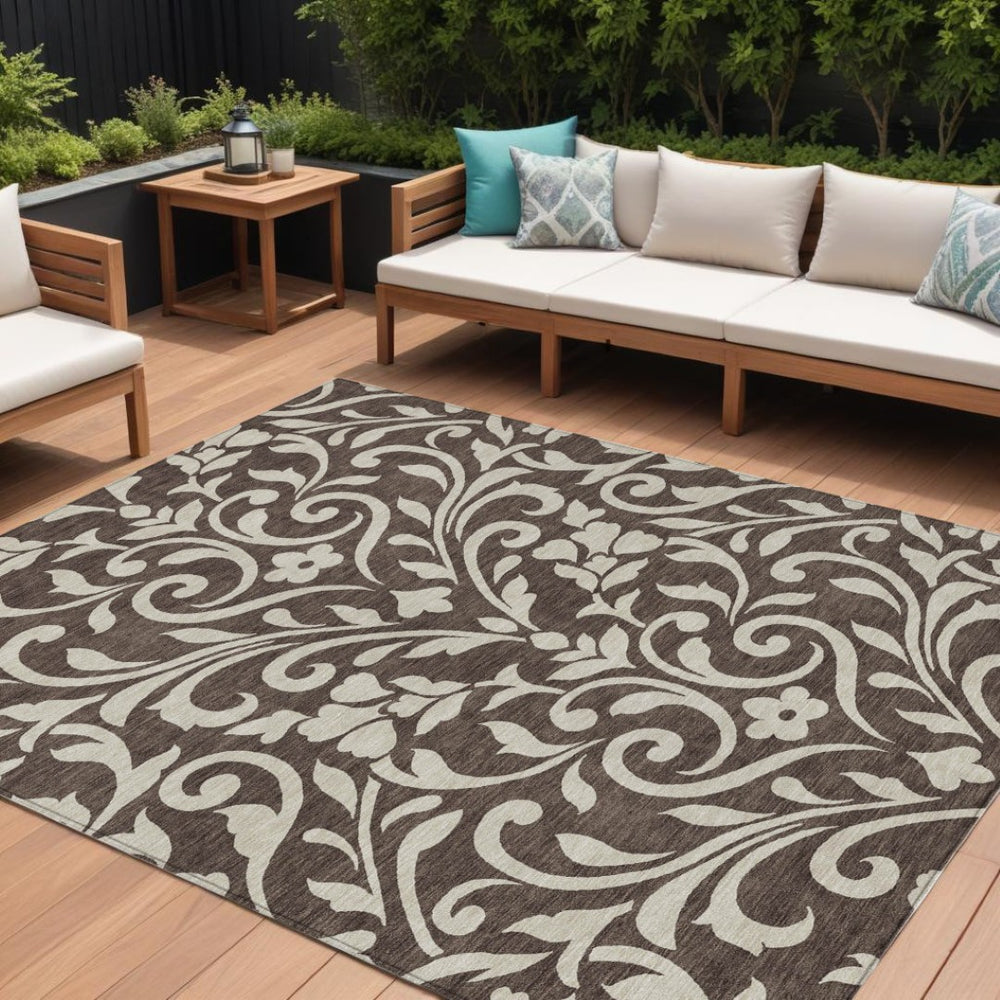 HomeRoots 9' Elegant Chocolate and Ivory Floral Area Rug for Indoor and Outdoor Spaces – Durable and Washable 9' X 12' 591427