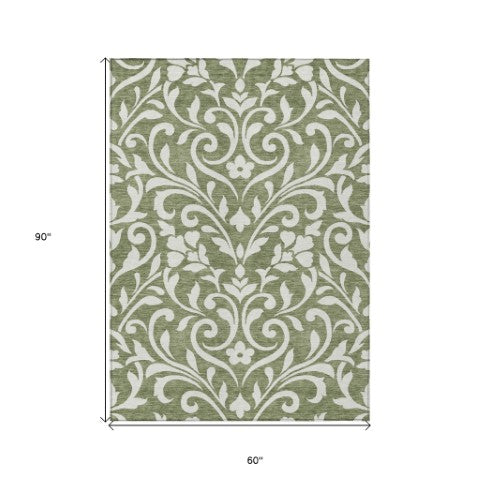 Homeroots 3' Artichoke Green Floral Indoor Outdoor Area Rug - Stylish, Washable, Stain Resistant, Durable Design 5' X 8' Polyester 591430